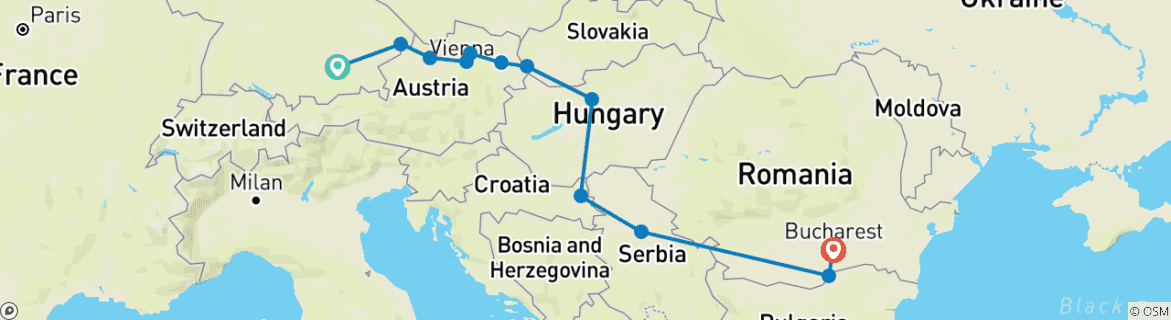 Image of a map showing the route of the tour