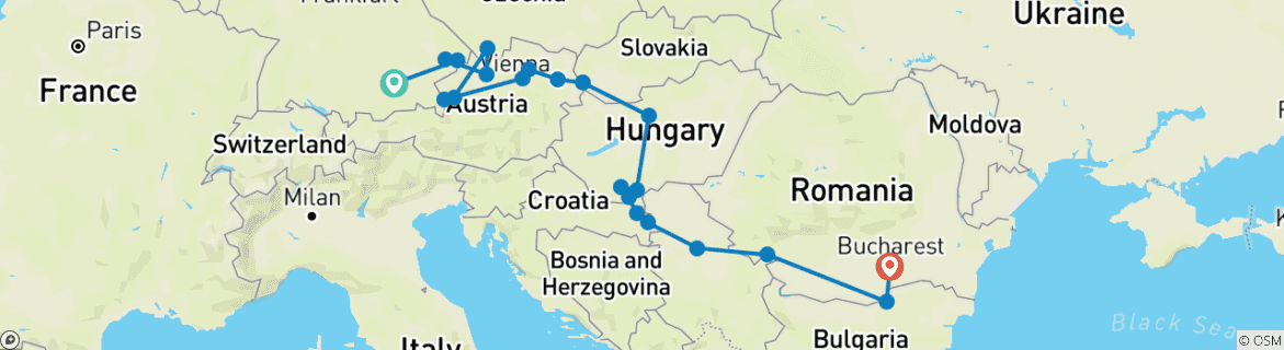 Image of a map showing the route of the tour