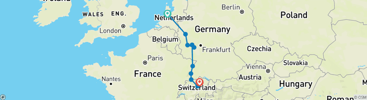 Image of a map showing the route of the tour