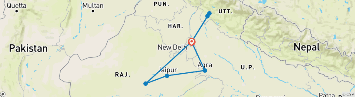 Image of a map showing the route of the tour