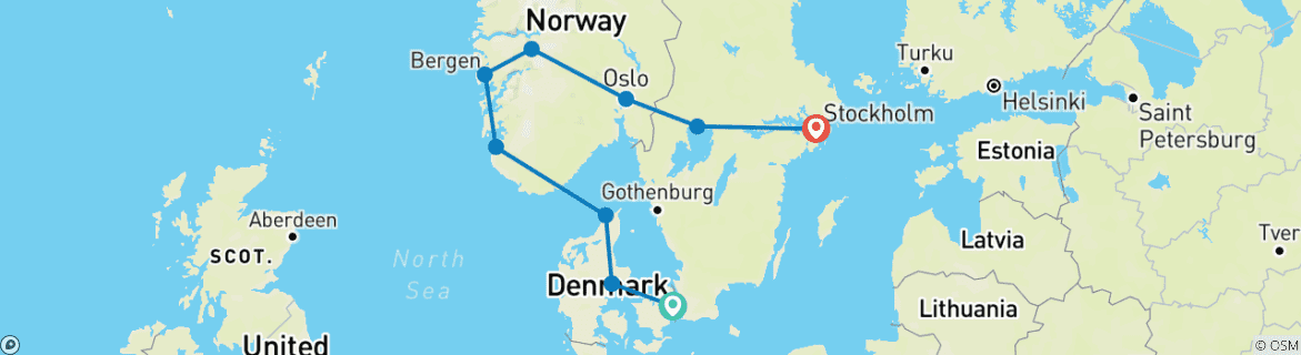 Image of a map showing the route of the tour