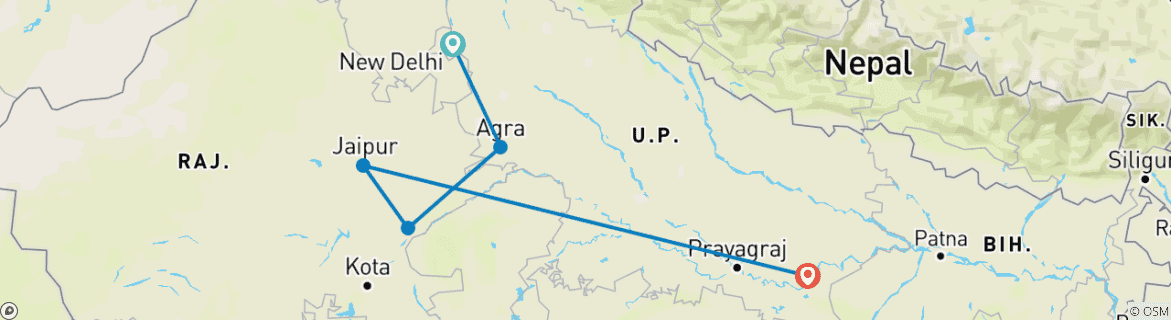 Image of a map showing the route of the tour