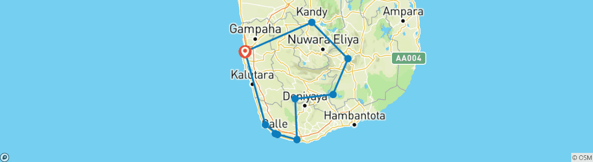Image of a map showing the route of the tour
