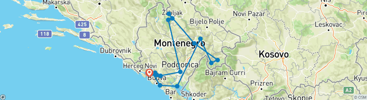 Image of a map showing the route of the tour