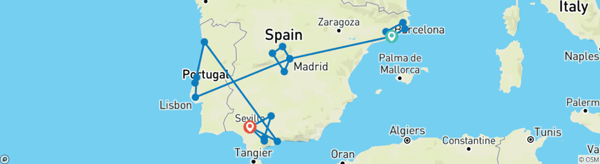 Image of a map showing the route of the tour