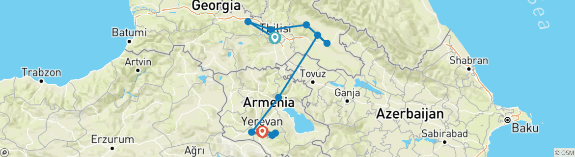 Image of a map showing the route of the tour