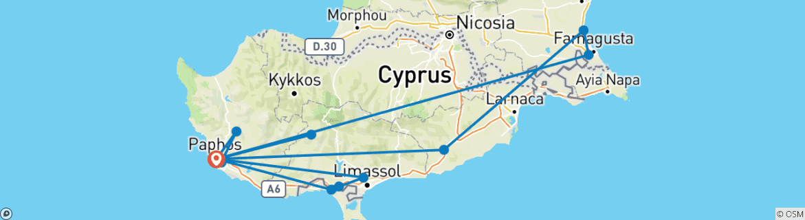 Image of a map showing the route of the tour
