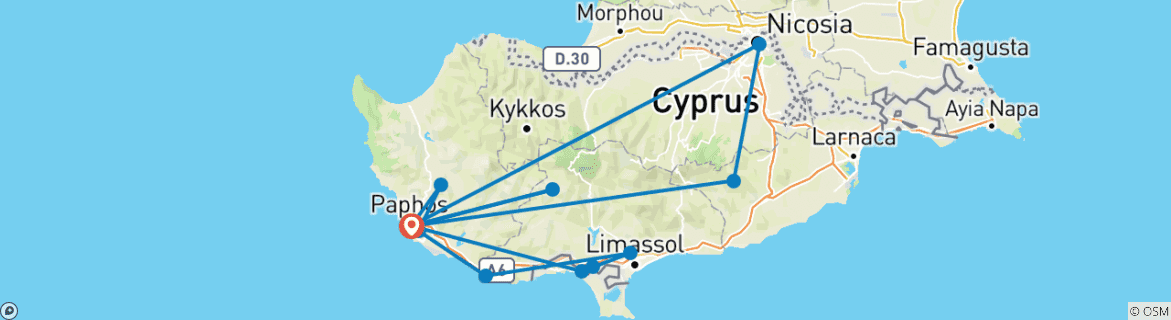 Image of a map showing the route of the tour