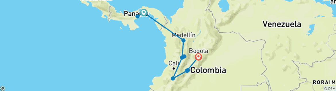 Image of a map showing the route of the tour