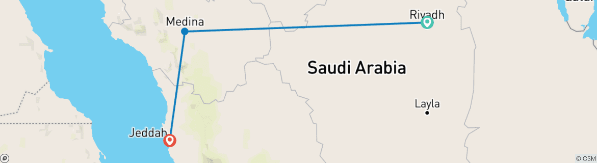 Image of a map showing the route of the tour