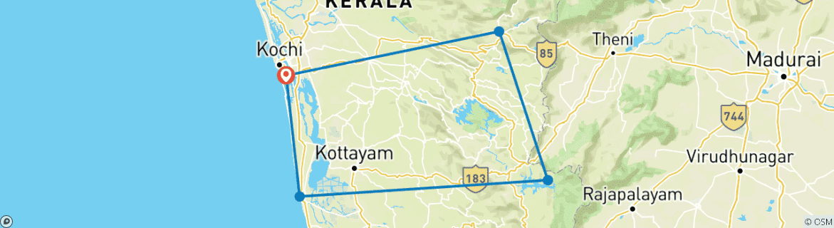 Image of a map showing the route of the tour