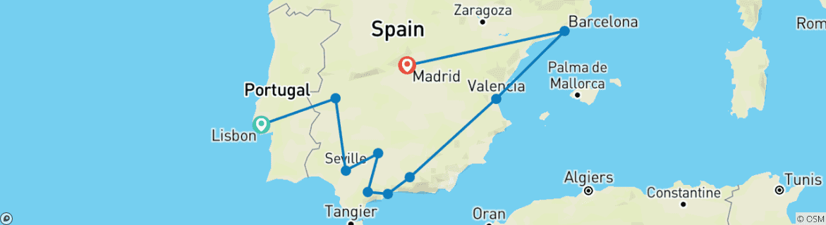 Image of a map showing the route of the tour