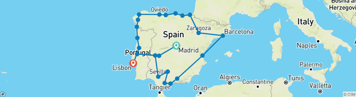 Image of a map showing the route of the tour