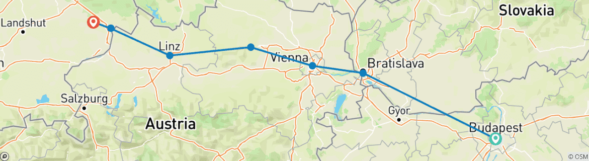 Image of a map showing the route of the tour