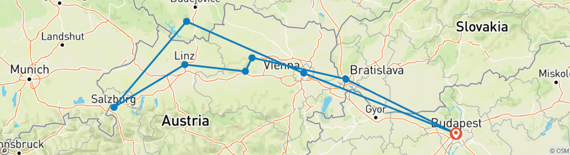 Image of a map showing the route of the tour