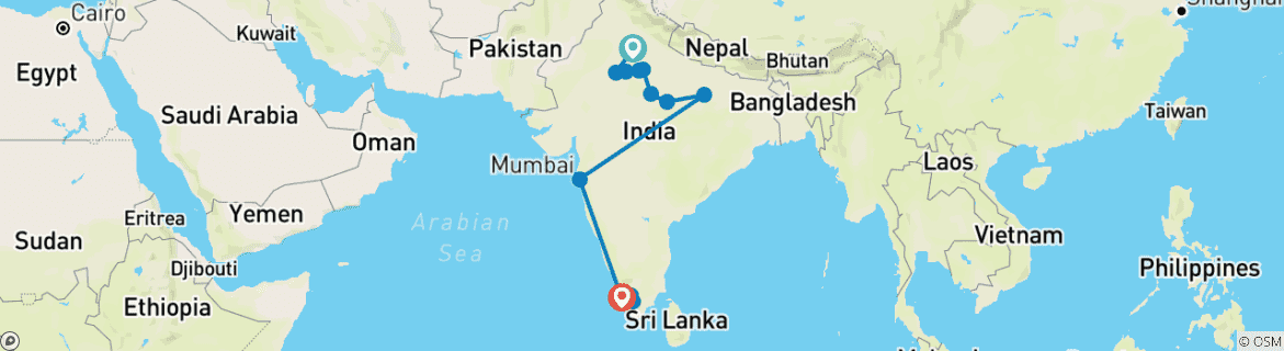 Image of a map showing the route of the tour