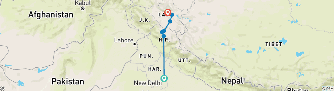 Image of a map showing the route of the tour