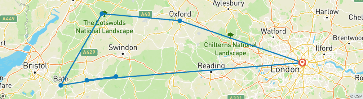 Image of a map showing the route of the tour
