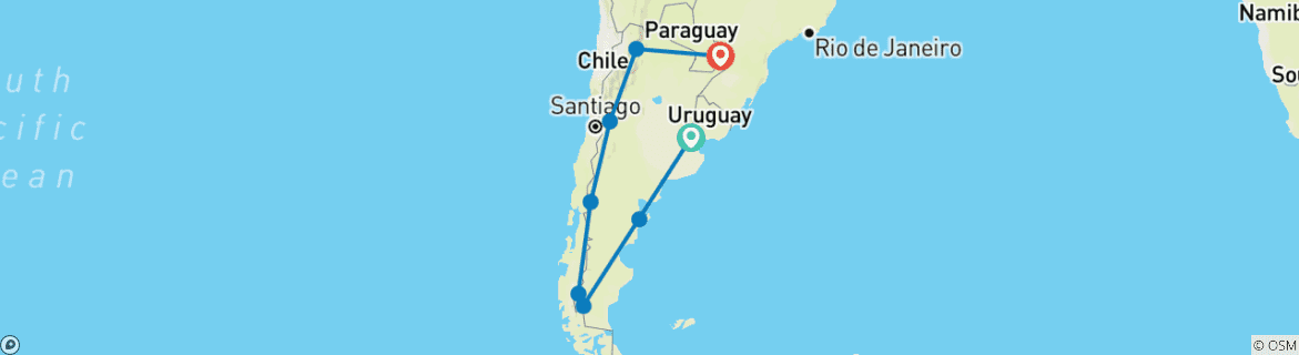 Foto van een kaart met de route van de rondreis