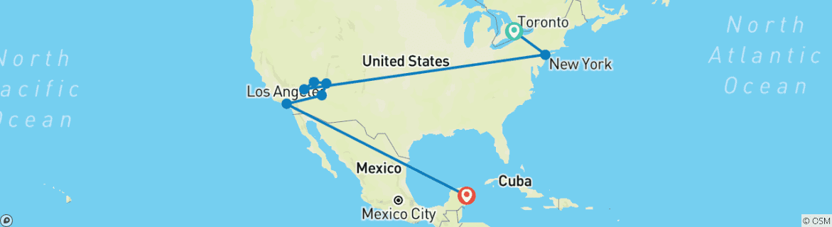 Image of a map showing the route of the tour