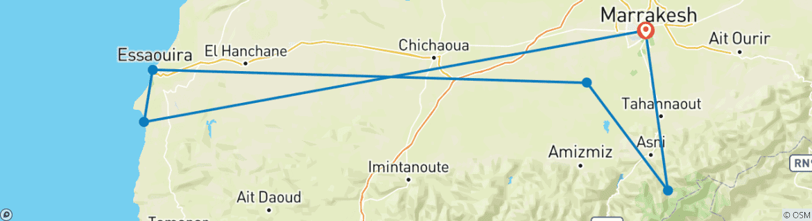 Image of a map showing the route of the tour