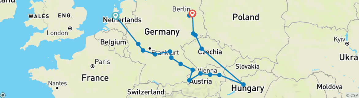 Image of a map showing the route of the tour