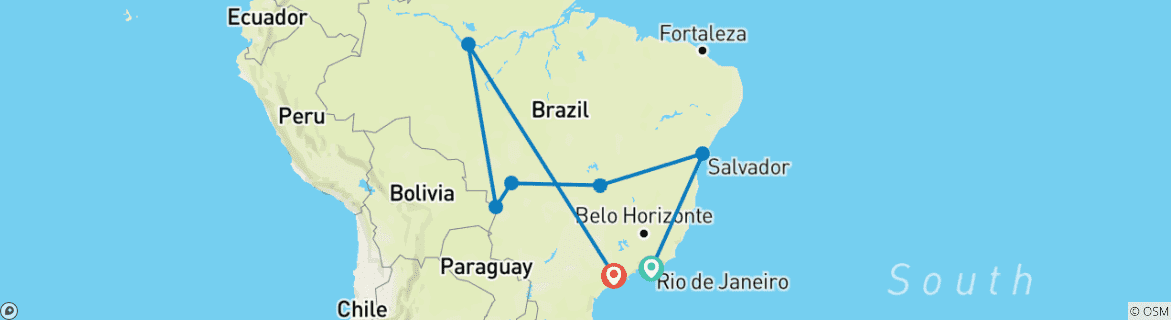 Image of a map showing the route of the tour