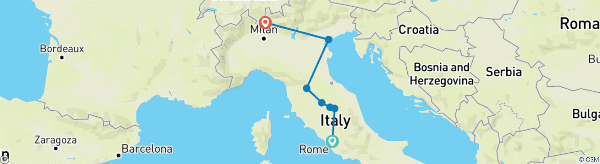 Image of a map showing the route of the tour