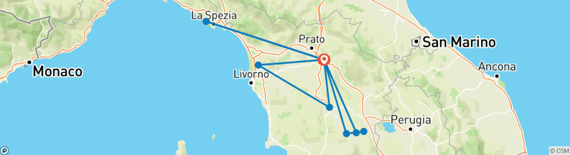 Image of a map showing the route of the tour