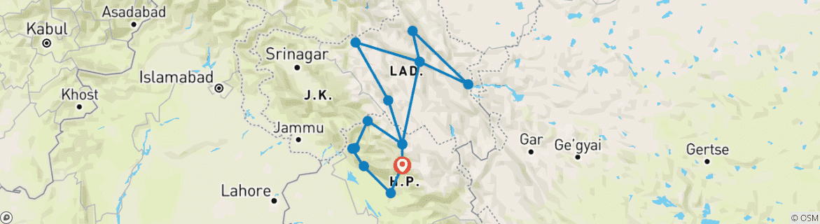 Image of a map showing the route of the tour