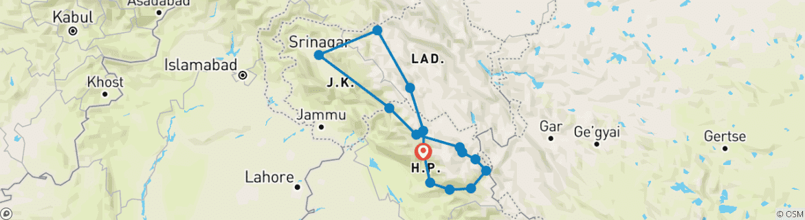 Image of a map showing the route of the tour