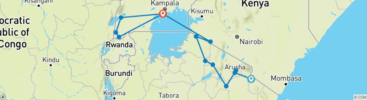 Carte du circuit 14 jours de randonnée dans le Serengeti, le Masai Mara et les gorilles