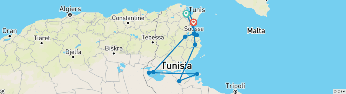 Image of a map showing the route of the tour