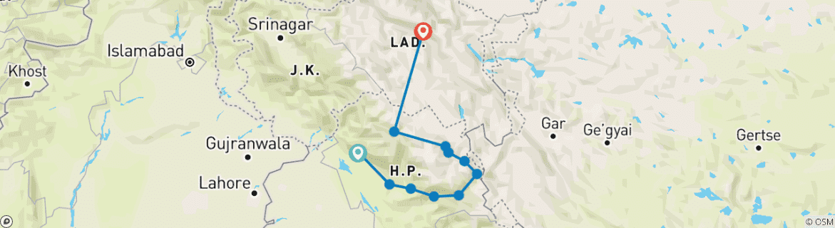 Image of a map showing the route of the tour