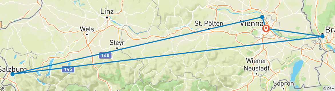Image of a map showing the route of the tour