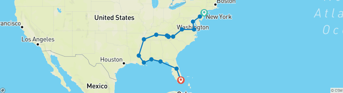 Image of a map showing the route of the tour