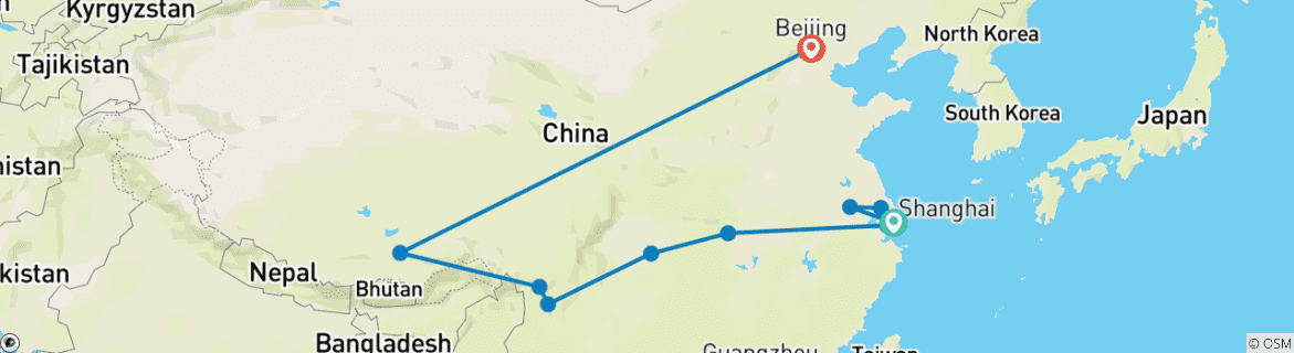 Image of a map showing the route of the tour