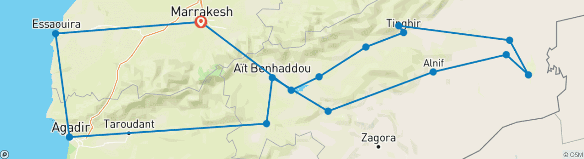 Image of a map showing the route of the tour