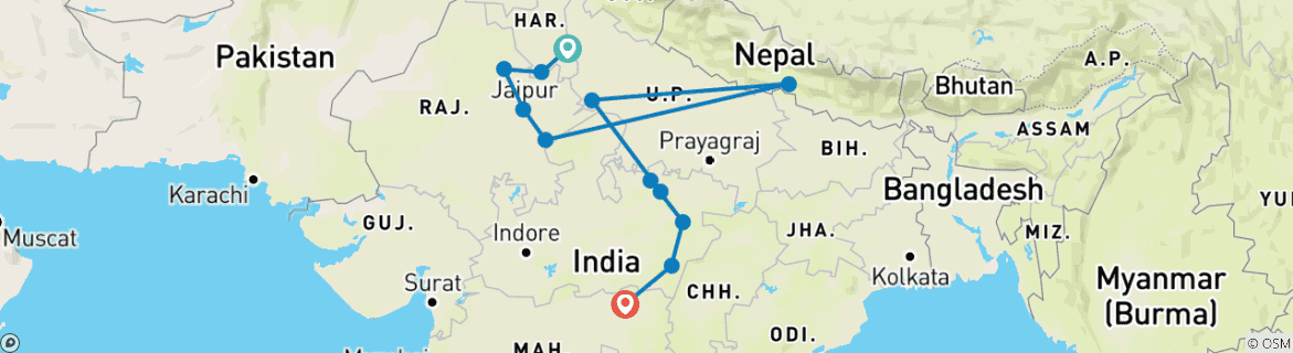 Image of a map showing the route of the tour