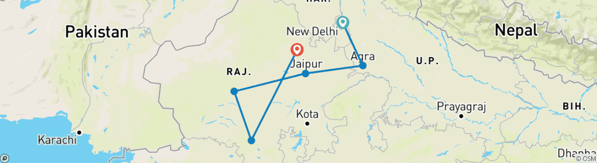 Image of a map showing the route of the tour