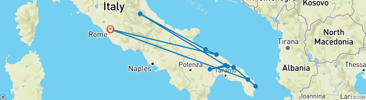 Image of a map showing the route of the tour