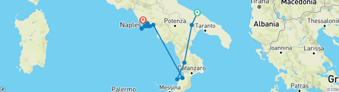 Image of a map showing the route of the tour