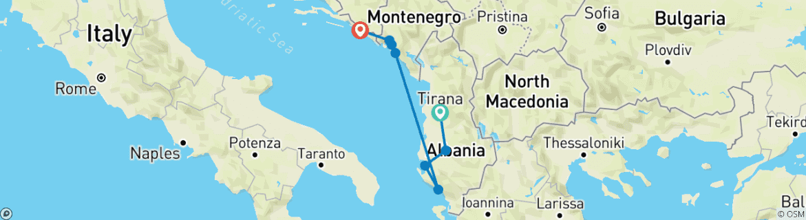 Image of a map showing the route of the tour