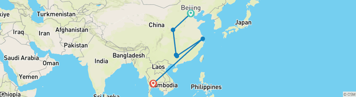 Image of a map showing the route of the tour