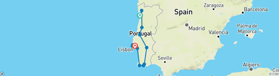 Image of a map showing the route of the tour