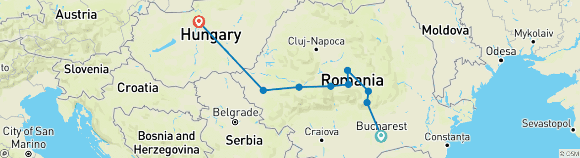 Image of a map showing the route of the tour