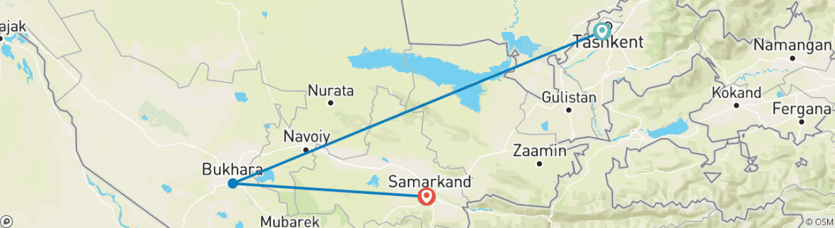 Image of a map showing the route of the tour
