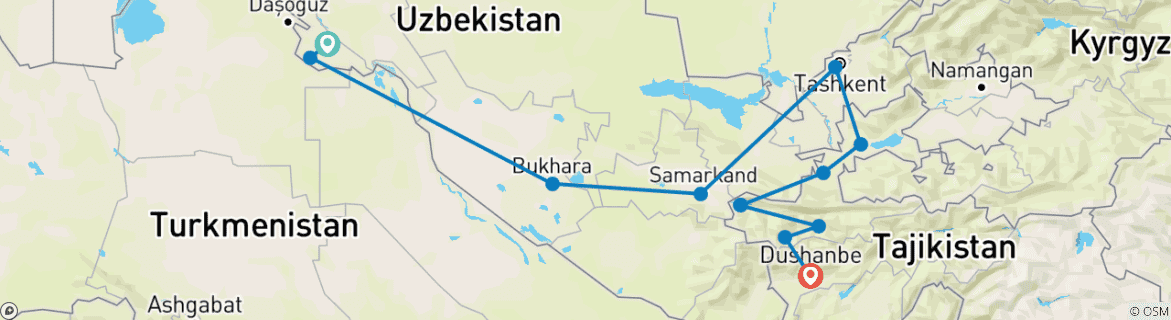 Image of a map showing the route of the tour