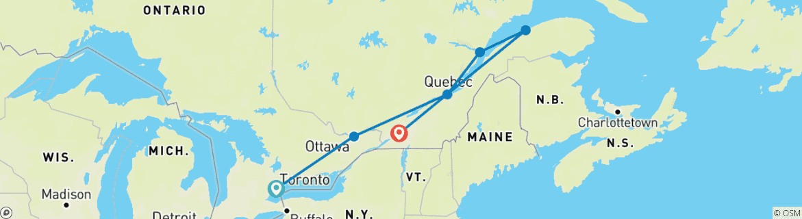 Image of a map showing the route of the tour