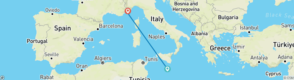 Image of a map showing the route of the tour